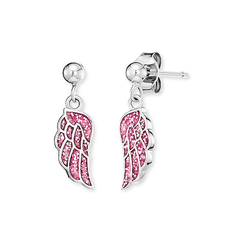 Engelsrufer Ohrringe aus Edelstahl mit rosa Emaille und Glitzer.