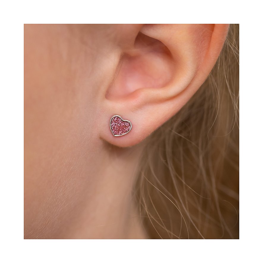 Engelsrufer Ohrstecker aus Edelstahl mit rosa emaillierten Herzen.