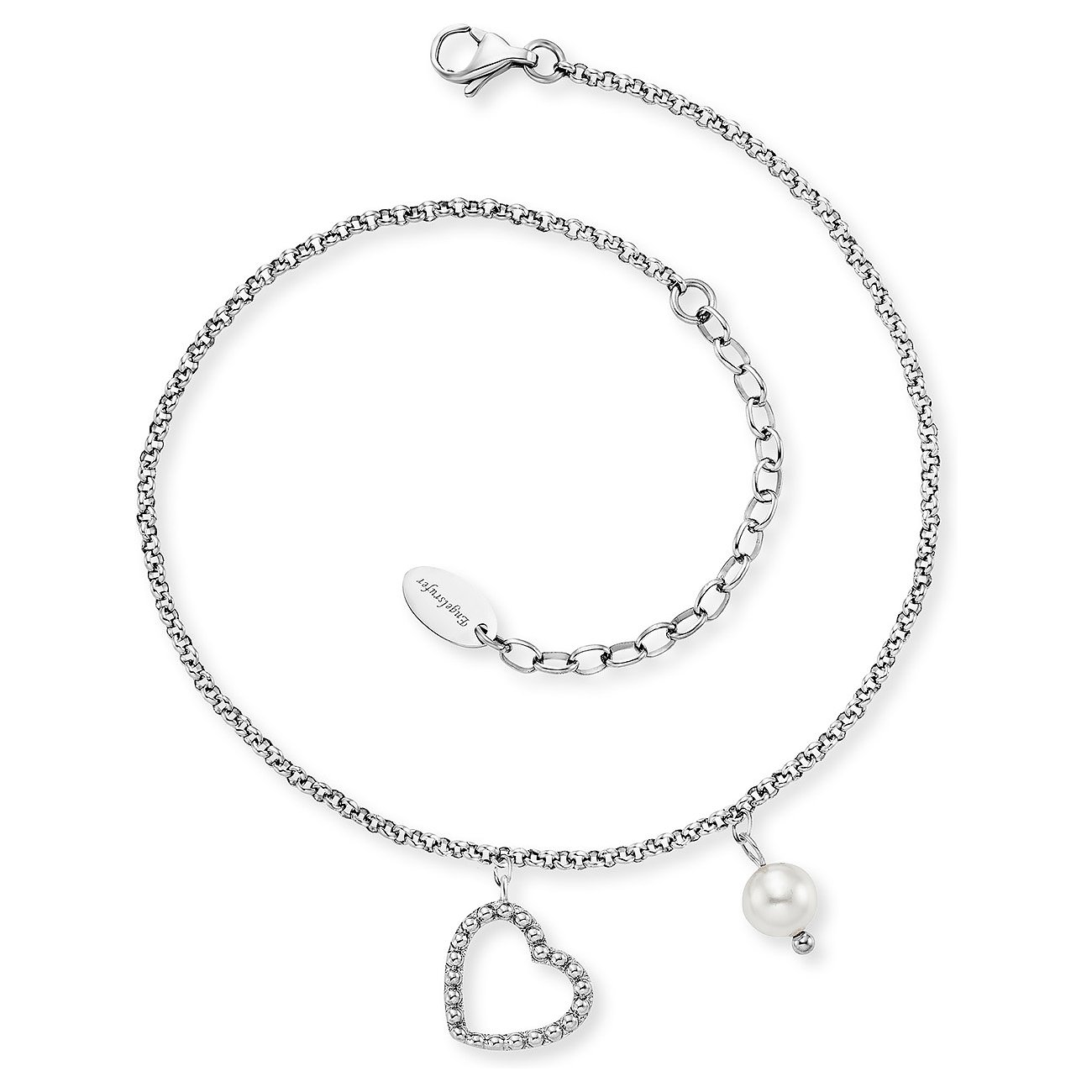 Engelsrufer ankelkedja i rostfritt stål med hjärthänge och pärla.