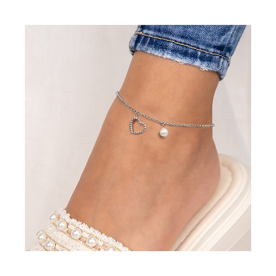 Engelsrufer ankelkedja i rostfritt stål med hjärthänge och pärla.