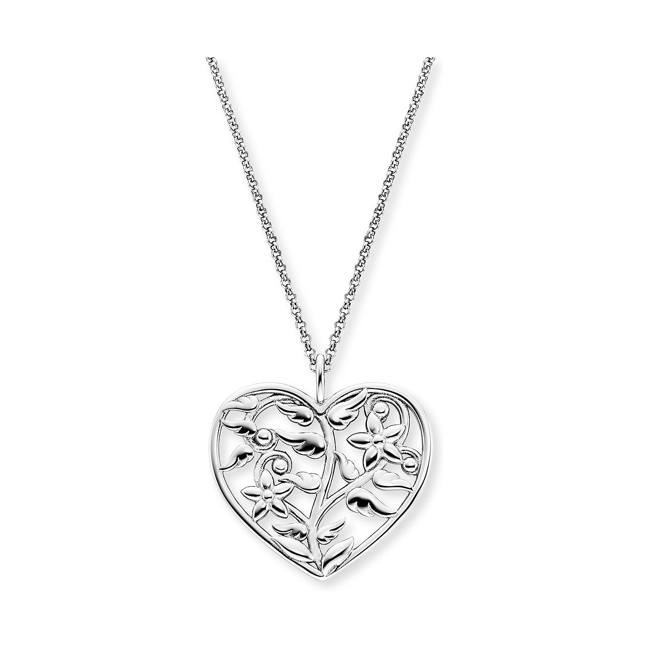 Engelsrufer Halsschmuck aus 925er Silber mit Herz-Anhänger und floralem Muster.