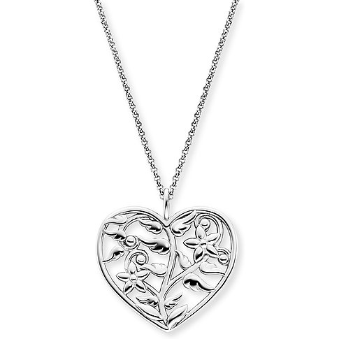 Engelsrufer halsband i 925 silver med hjärtformat hänge och blommönster.