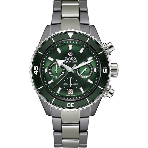 Rado Herrenuhr mit Keramikgehäuse, grünem Zifferblatt und bicolor-Armband.