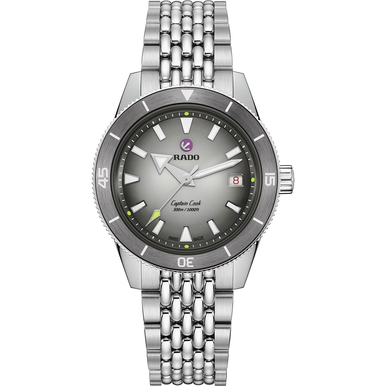 Rado-Uhr aus Edelstahl mit silbernem Zifferblatt und anthrazitfarbener Lünette, von oben fotografiert.