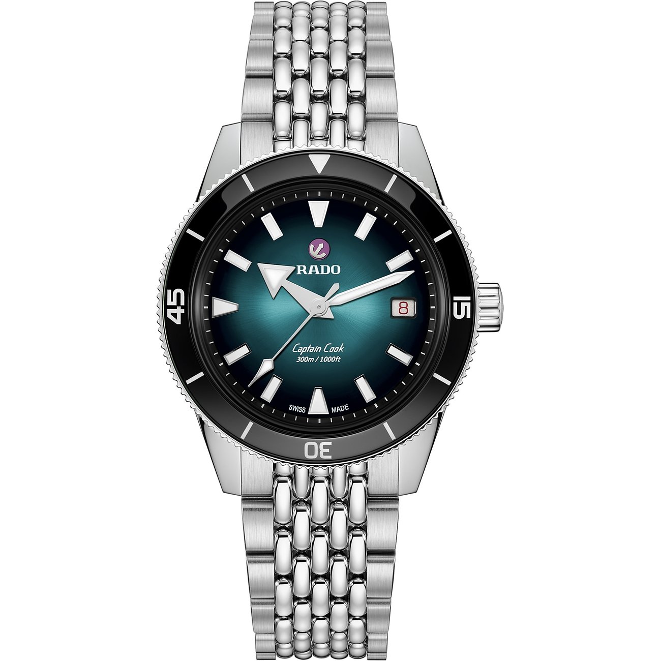 Rado Unisexuhr mit Edelstahlgehäuse, blauem Zifferblatt und schwarzer Lünette.