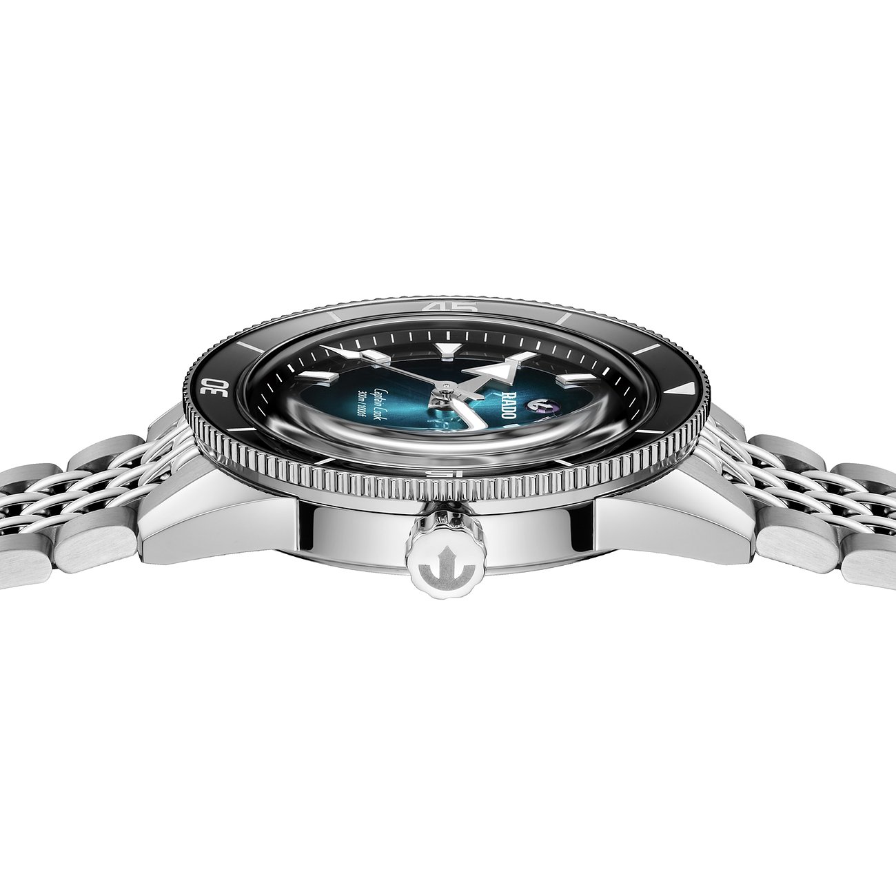Rado Unisexuhr mit Edelstahlgehäuse, schwarzem Zifferblatt und silberfarbenem Armband.