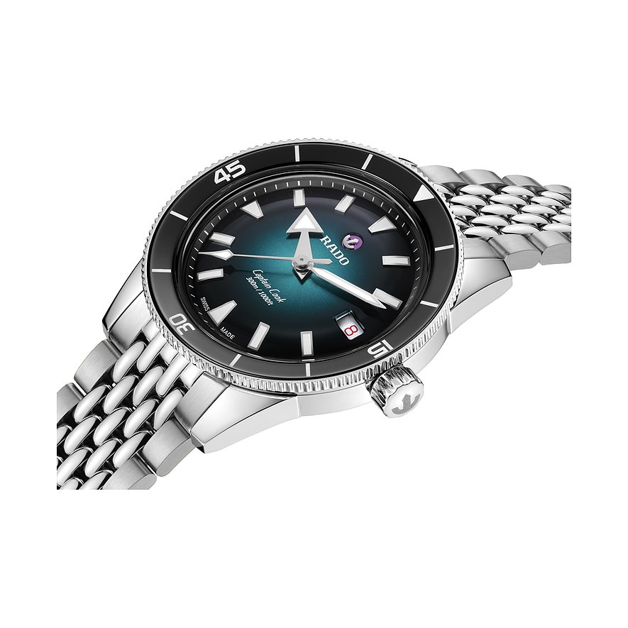 Rado Unisexuhr mit Edelstahlgehäuse, analog, mit Datumsanzeige und blauem Zifferblatt.
