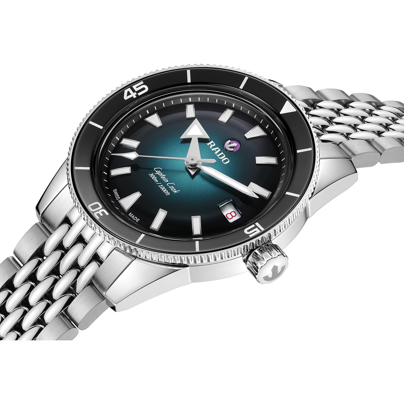 Rado Unisexuhr mit Edelstahlgehäuse, analog, mit Datumsanzeige und blauem Zifferblatt.