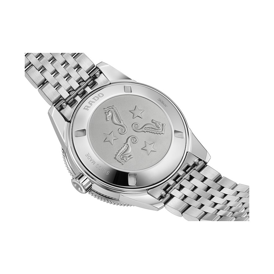 Rado Unisexuhr mit Edelstahlgehäuse und Seepferdchen-Gravur.