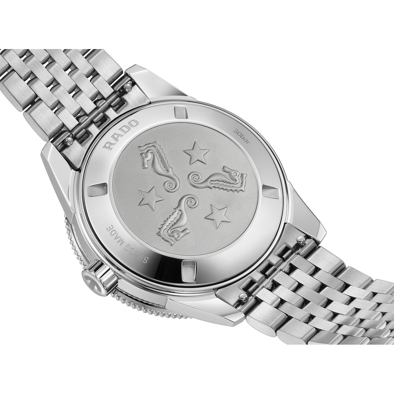 Rado Unisexuhr mit Edelstahlgehäuse und Seepferdchen-Gravur.