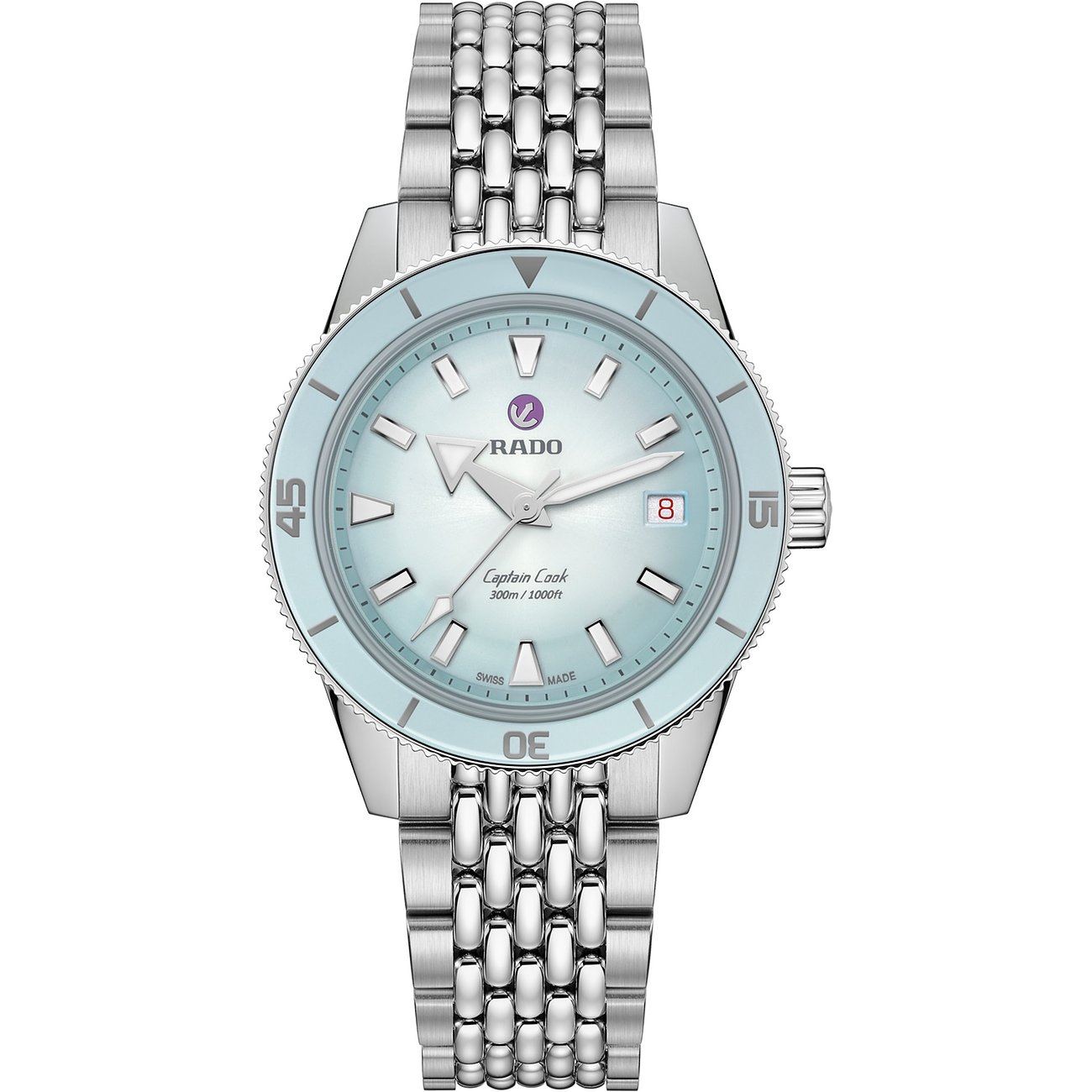 Rado Unisexuhr mit Edelstahlgehäuse, hellblauem Zifferblatt und silberfarbenem Armband.