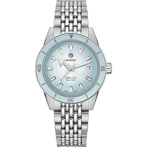 Rado Unisexuhr mit Edelstahlgehäuse, hellblauem Zifferblatt und silberfarbenem Armband.