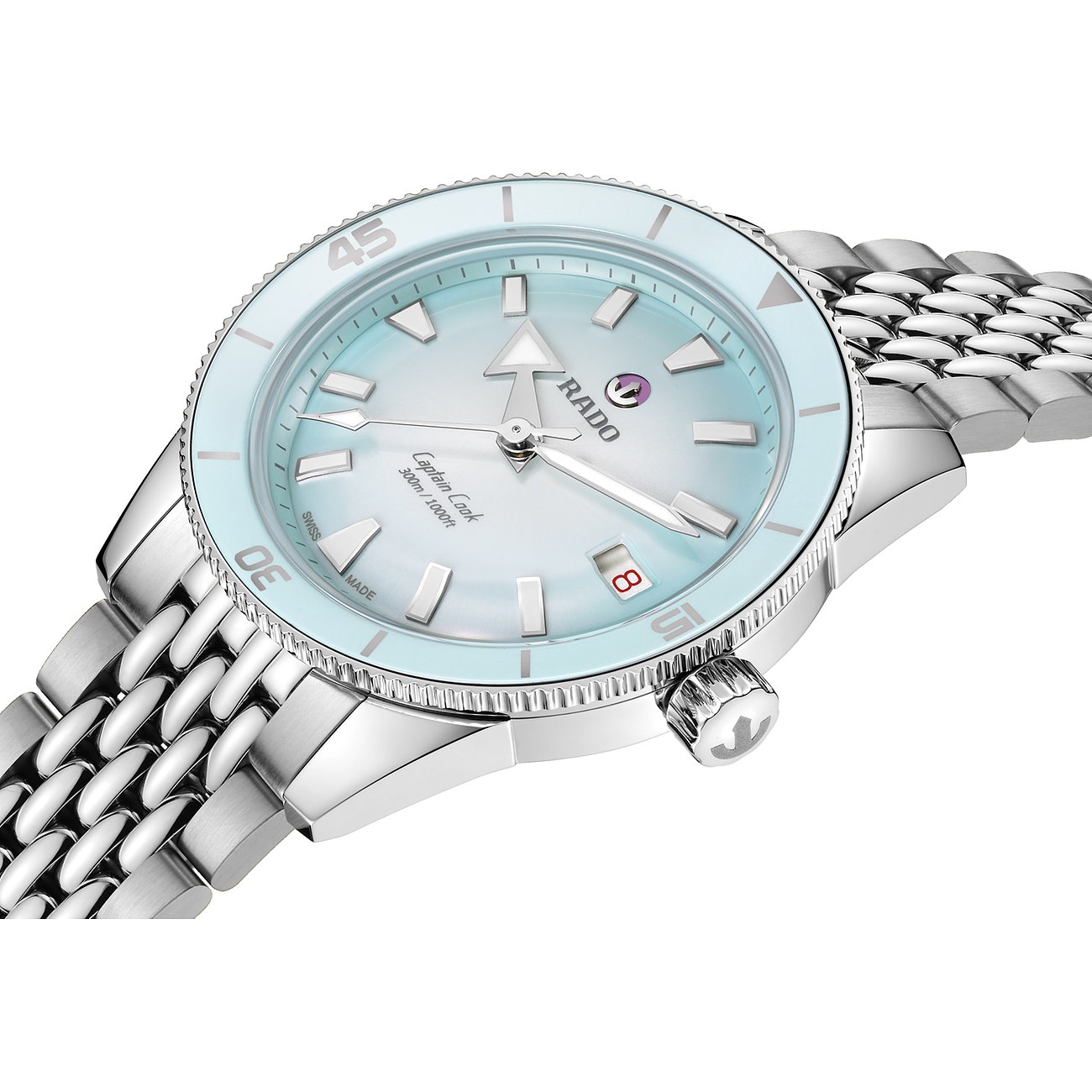 Rado Unisexuhr mit Edelstahlgehäuse, hellblauem Zifferblatt und silbernem Armband.