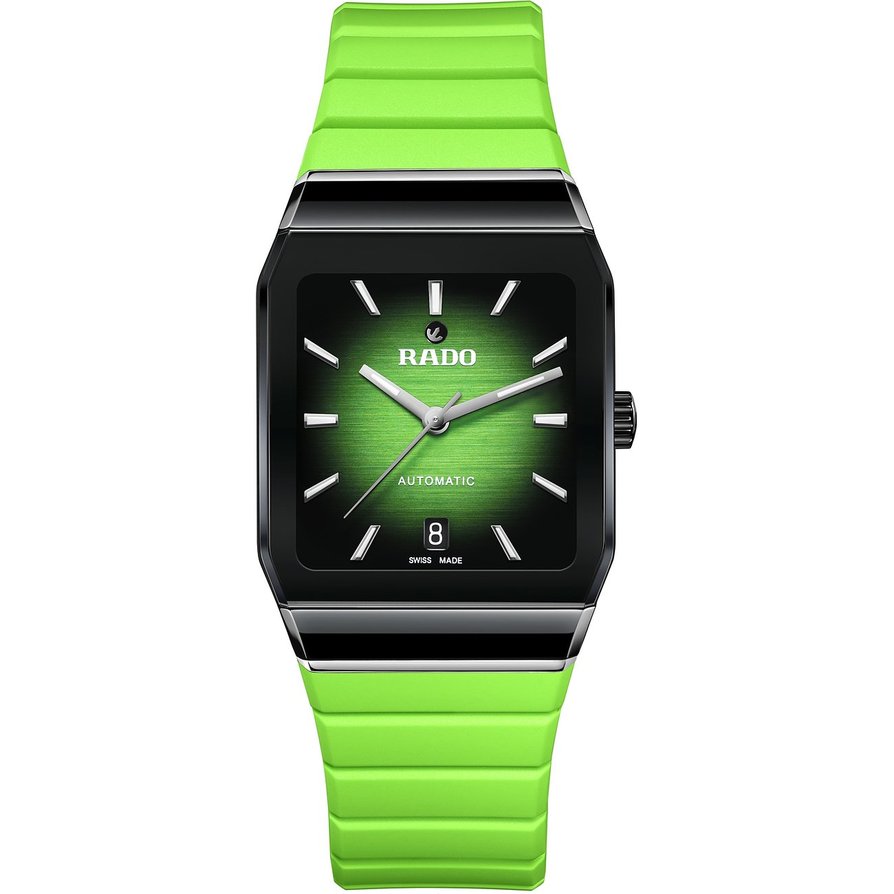 Rado Unisexuhr aus Keramik mit quadratischem schwarzem Gehäuse und grünem Zifferblatt sowie grünem Armband.