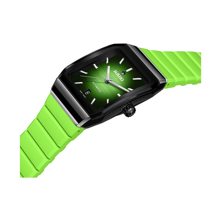 Rado Unisexuhr aus Keramik mit grünem Zifferblatt und leuchtend grünem Armband, schräg von oben.