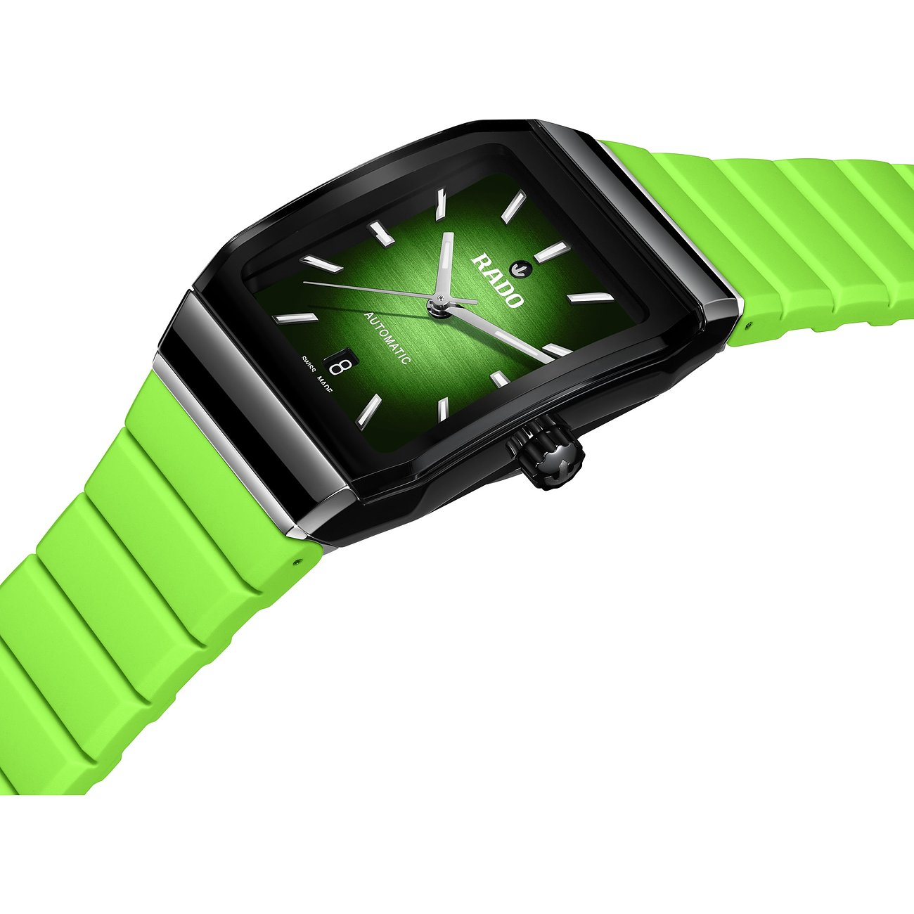 Rado Unisexuhr aus Keramik mit grünem Zifferblatt und leuchtend grünem Armband, schräg von oben.