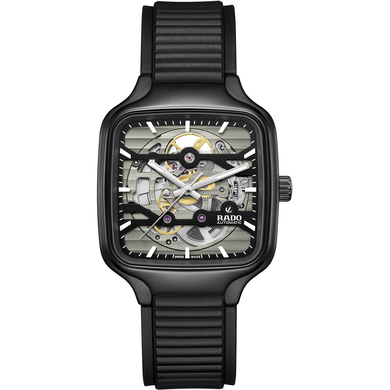 Rado Unisexuhr mit Keramikgehäuse, skelettiertem Zifferblatt und Automatikwerk.