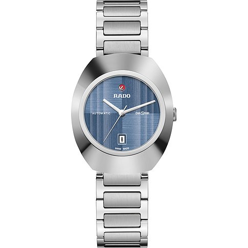 Rado Damenuhr mit Keramikgehäuse und blauem Zifferblatt.