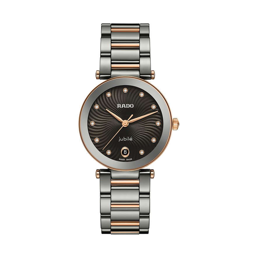 Rado Damenuhr mit Keramikgehäuse, bicolor, analog, mit Diamanten.