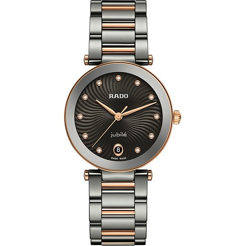 Rado Damenuhr mit Keramikgehäuse, bicolor, analog, mit Diamanten.