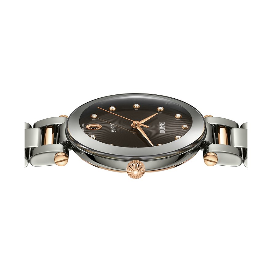 Rado Damenuhr mit Keramikgehäuse, bicolor, mit Diamanten und analoger Anzeige.