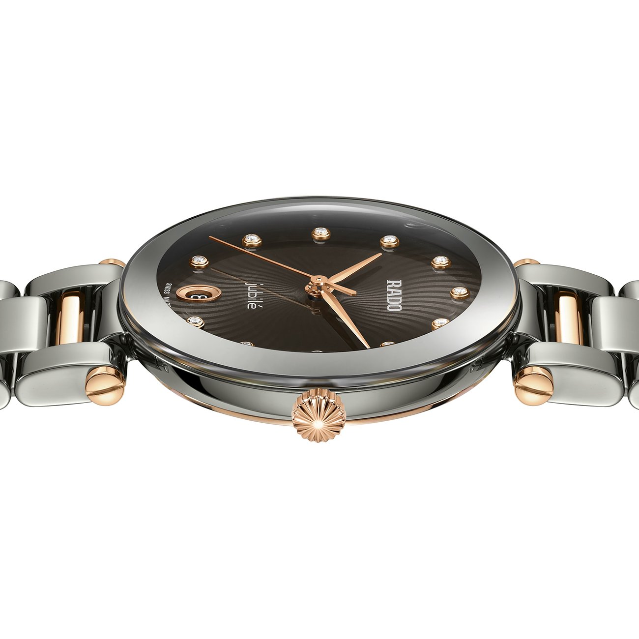 Rado Damenuhr mit Keramikgehäuse, bicolor, mit Diamanten und analoger Anzeige.