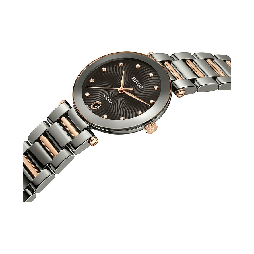 Rado Damenuhr aus Keramik mit Diamanten, bicolor, analog.