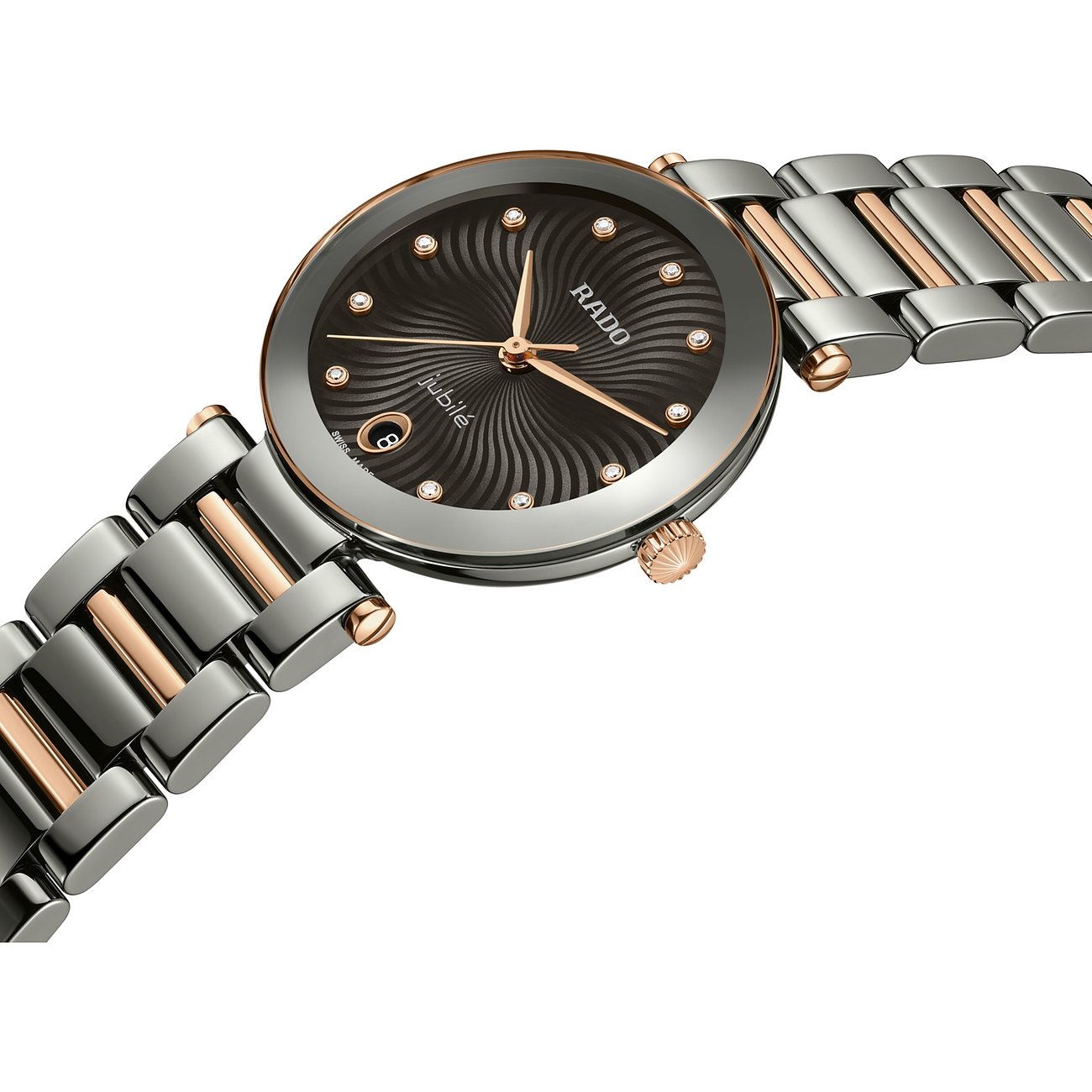 Rado Damenuhr aus Keramik mit Diamanten, bicolor, analog.