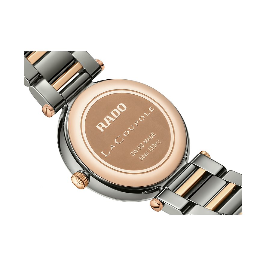 Rado Damenuhr mit Keramikgehäuse, bicolor, analog mit Diamanten.