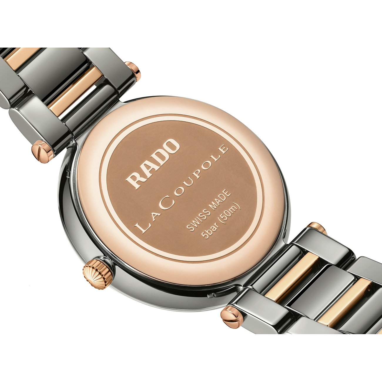 Rado Damenuhr mit Keramikgehäuse, bicolor, analog mit Diamanten.