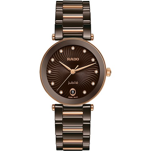 Rado Damenuhr mit Keramikgehäuse, braunes Zifferblatt mit Diamanten und roséfarbenen Akzenten.
