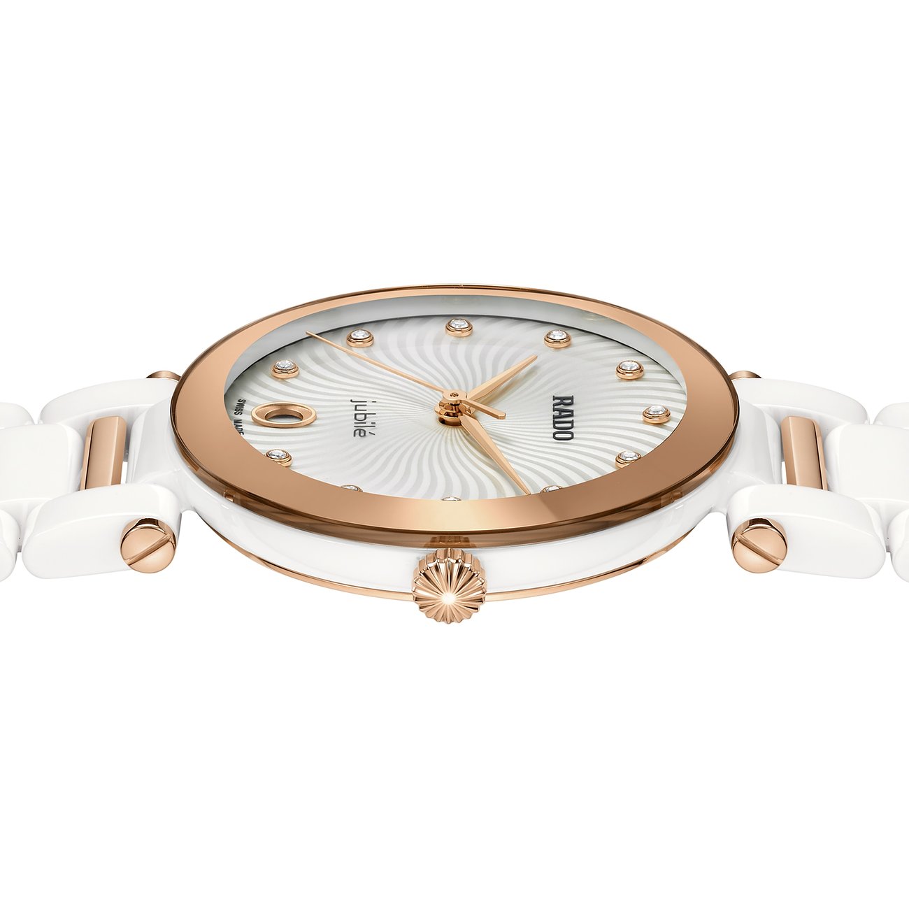 Rado Damenuhr mit Keramikgehäuse, roségoldfarbener Lünette und Diamanten.