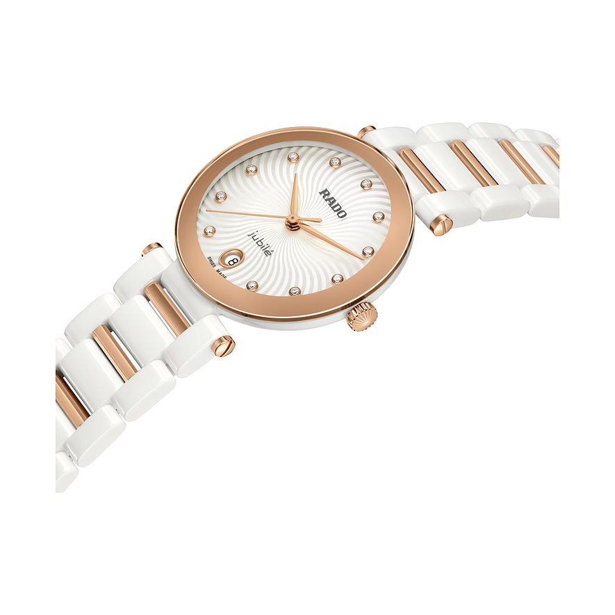 Rado Damenuhr mit Keramikgehäuse, Roségold, Diamanten und Wellenmuster-Zifferblatt.