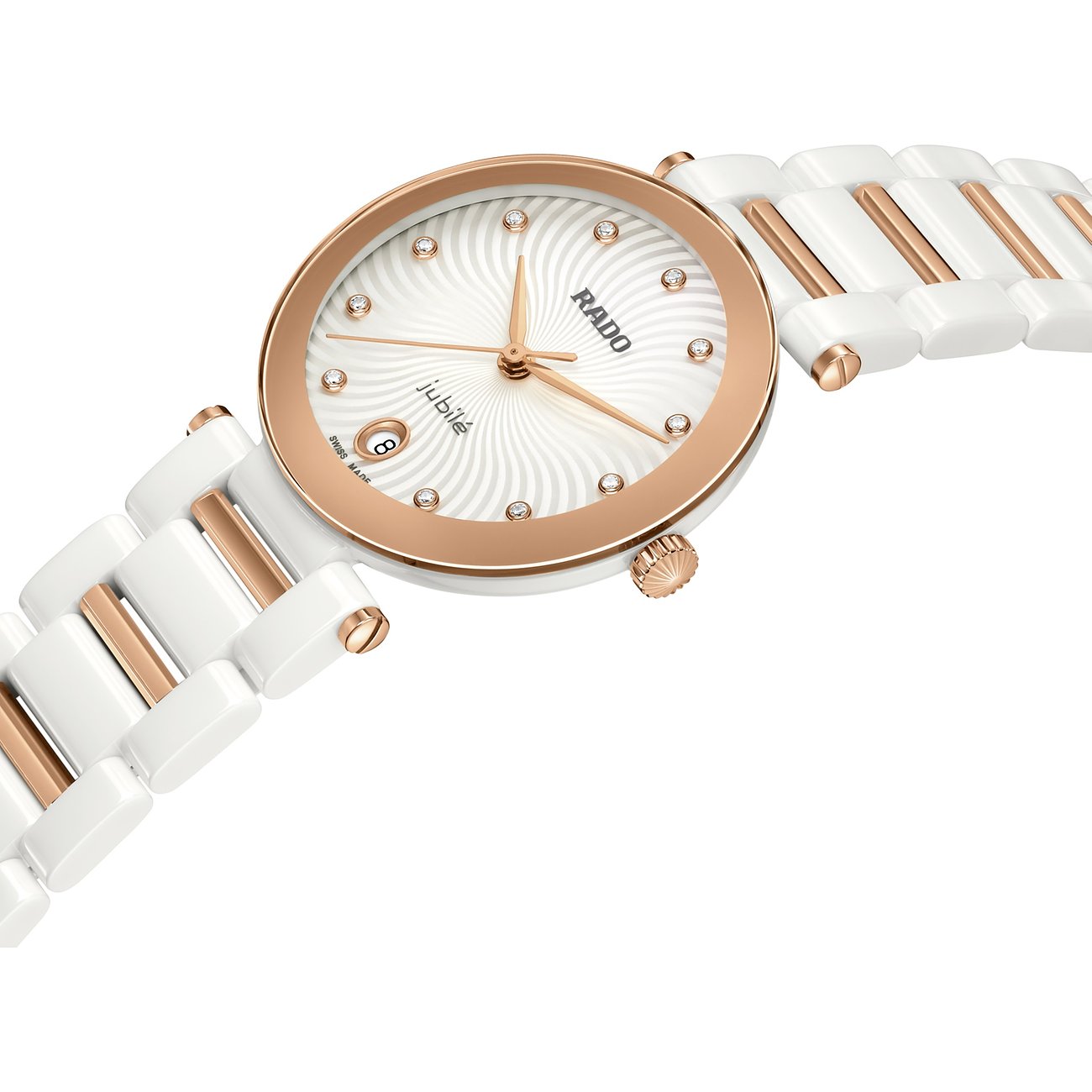 Rado Damenuhr mit Keramikgehäuse, Roségold, Diamanten und Wellenmuster-Zifferblatt.