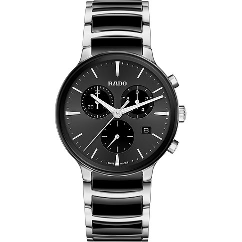 Rado Herrenuhr mit Keramikgehäuse, schwarzem Zifferblatt und Chronograph.