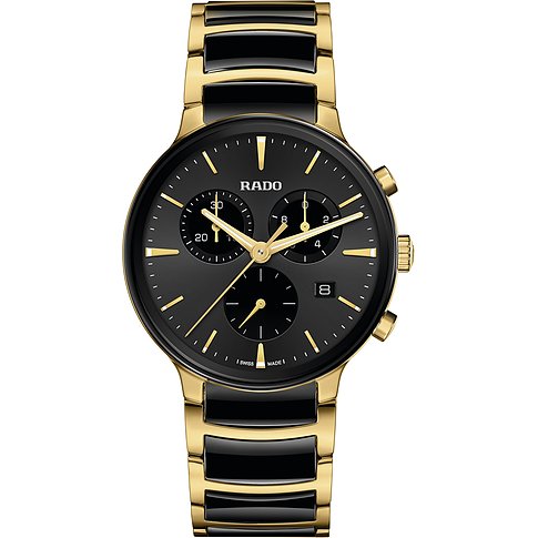 Rado Herrenuhr aus Keramik mit schwarzem Zifferblatt, goldenen Akzenten und schwarzen Chronographen-Zifferblättern.