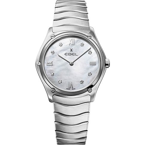 Ebel Damenuhr aus Edelstahl mit Diamanten und Perlmuttzifferblatt.