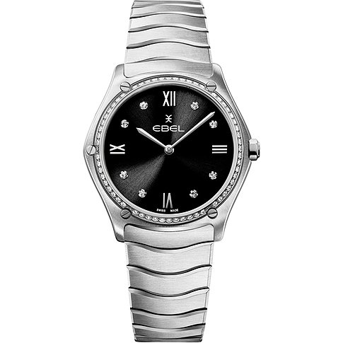 Ebel Damenuhr aus Edelstahl mit Diamanten und schwarzem Zifferblatt.