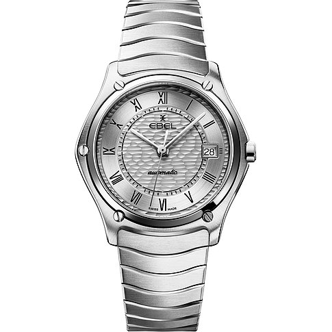 Ebel Damenuhr aus Edelstahl mit analoger Anzeige und Wellenmuster.