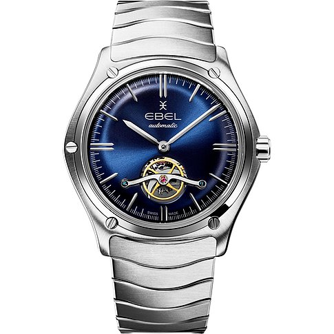 Ebel Herrenuhr mit Edelstahlgehäuse, blauem Zifferblatt und sichtbarem Uhrwerk.