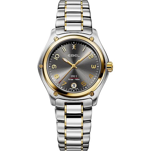 Ebel Damenuhr mit Edelstahlgehäuse und Gelbgold-Akzenten, analog, mit Datum.