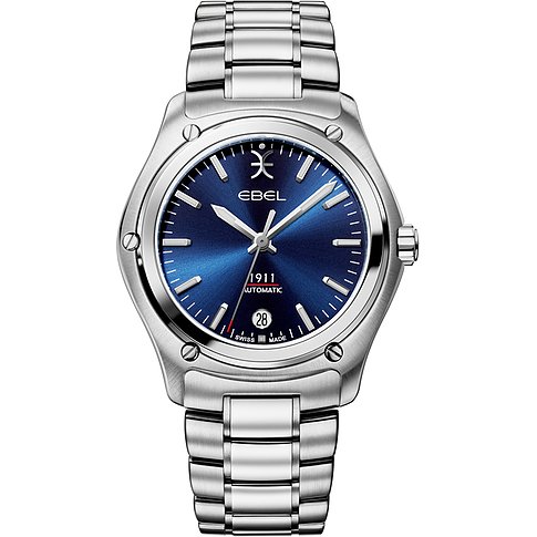 Ebel Damenuhr aus Edelstahl mit blauem Zifferblatt und Datumsanzeige.