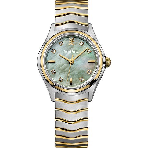 Ebel Damenuhr mit Edelstahlgehäuse, Gelbgoldakzenten und Diamanten.