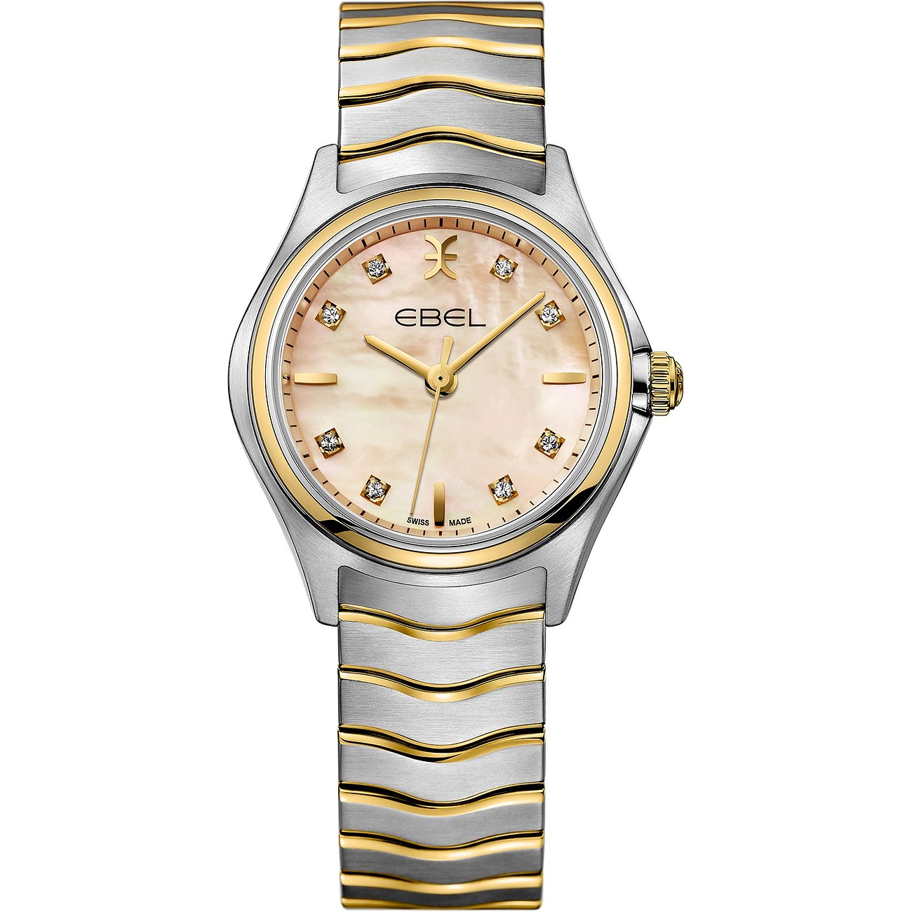 Ebel Damenuhr mit Edelstahlgehäuse, Gelbgold-Akzenten, Perlmuttzifferblatt und Diamanten.