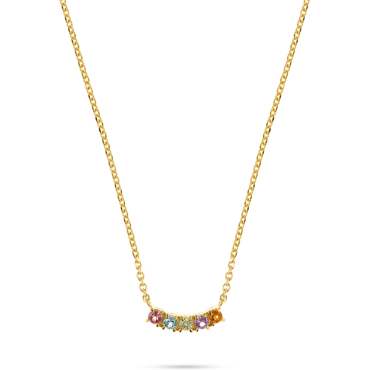 CHRIST geelgouden halsketting met vijf kleurrijke toermalijn edelstenen in een licht gebogen vorm.