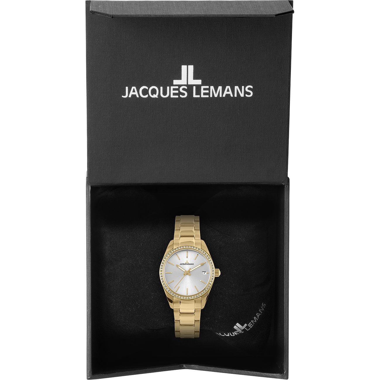 Orologio da donna Jacques Lemans in acciaio inossidabile, color oro, con pietre di vetro e display analogico.