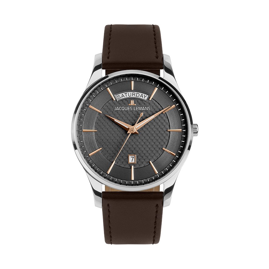Jacques Lemans Herrenuhr London 1-2193D, Herren, Edelstahl, Armband: Leder, Quarz, analog