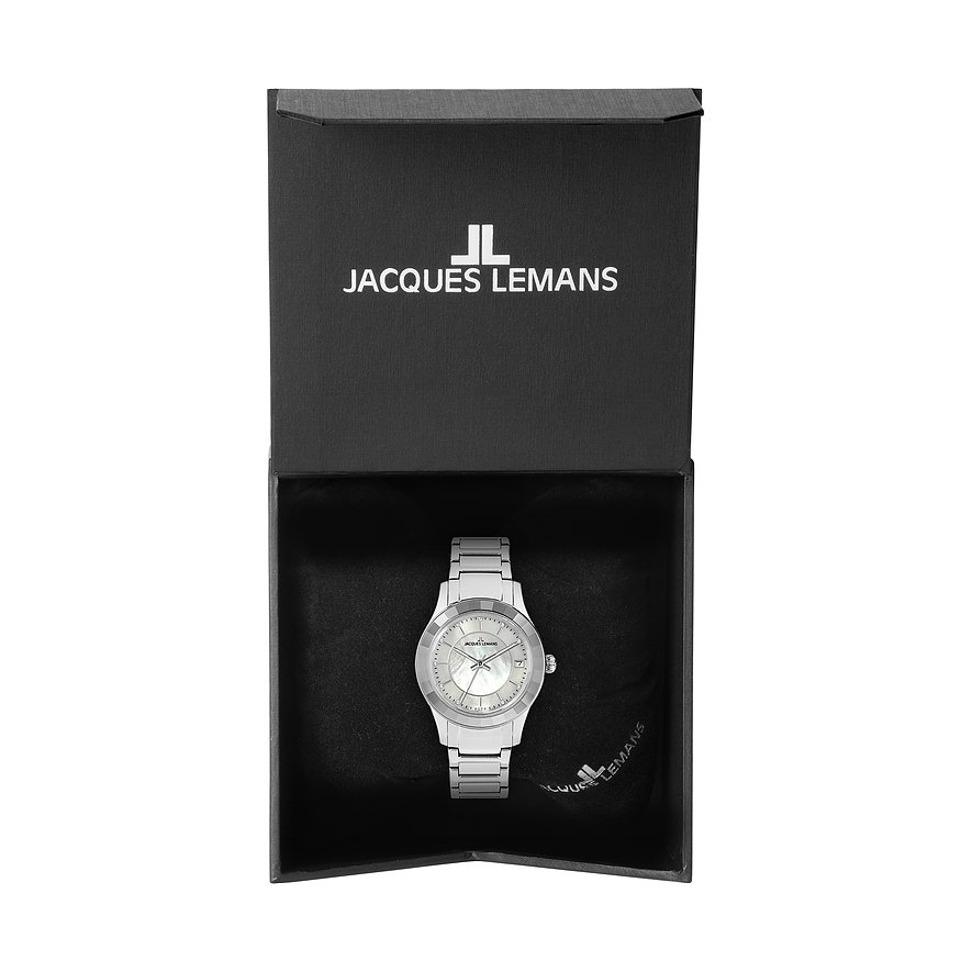 Jacques Lemans damklocka i rostfritt stål med glaskristaller och pärlemorurtavla.