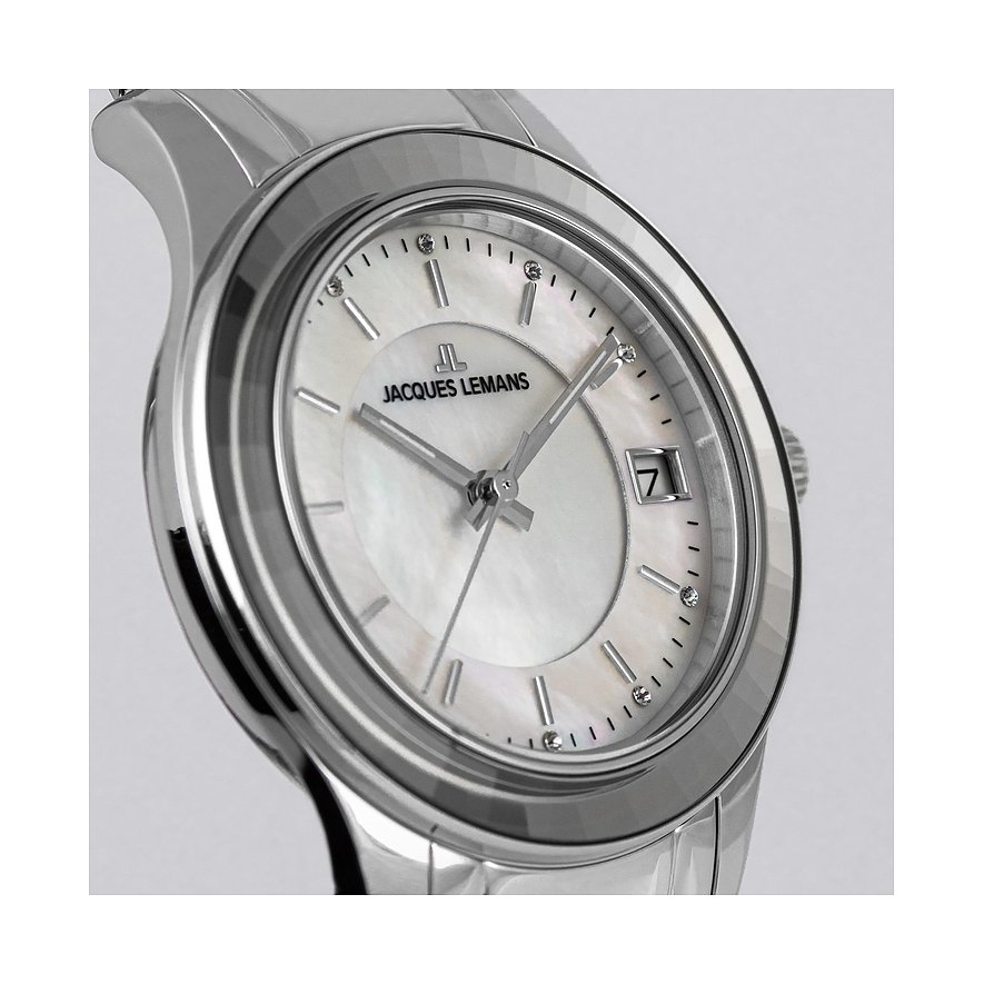 Jacques Lemans damklocka i rostfritt stål med glasstenar och datumvisning.