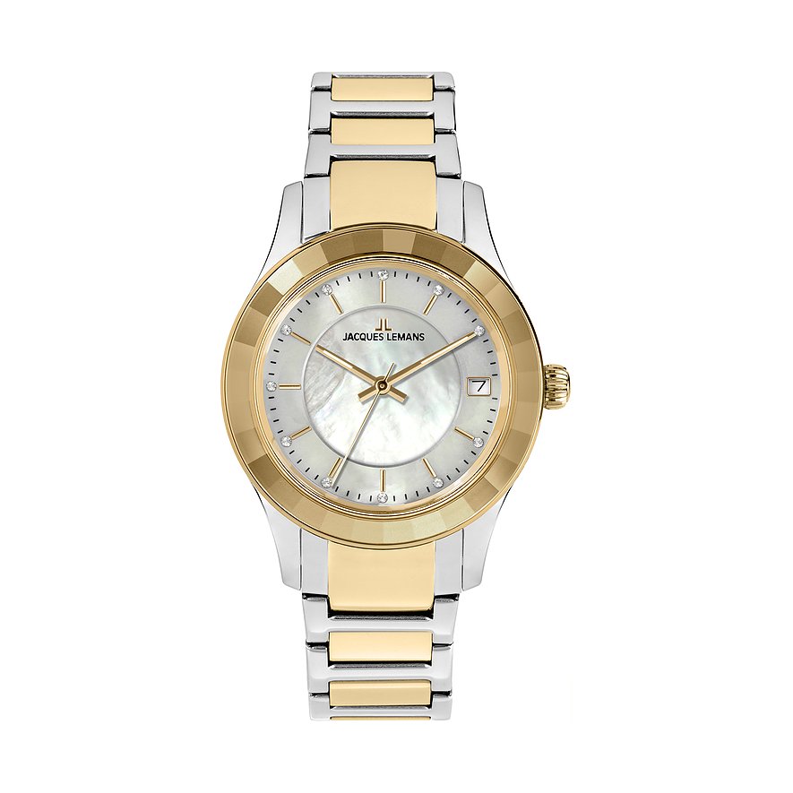 Jacques Lemans damklocka i rostfritt stål, tvåfärgad, med glaskristaller.